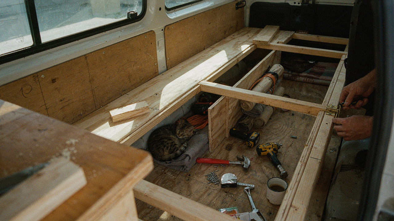 A person builds a diy van bed platform, showing open storage and tools.