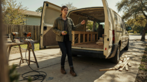 Person stands next to a partially built diy van build, holding a tape measure.