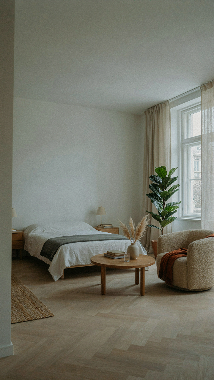 A minimalist studio apartment has only essential furniture and items.