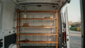 Custom built wooden shelves neatly store gear inside a cargo van.