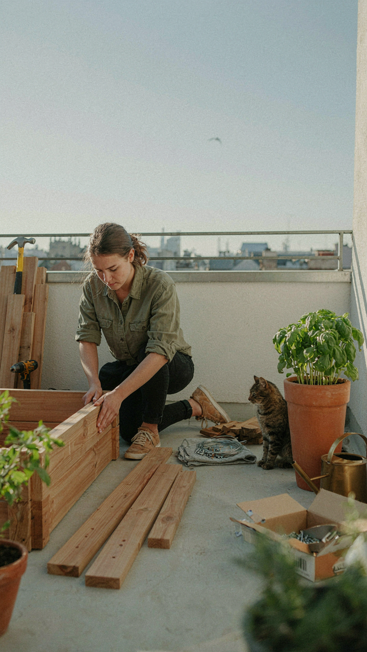 A person builds a garden bed next to a ready-made planter.