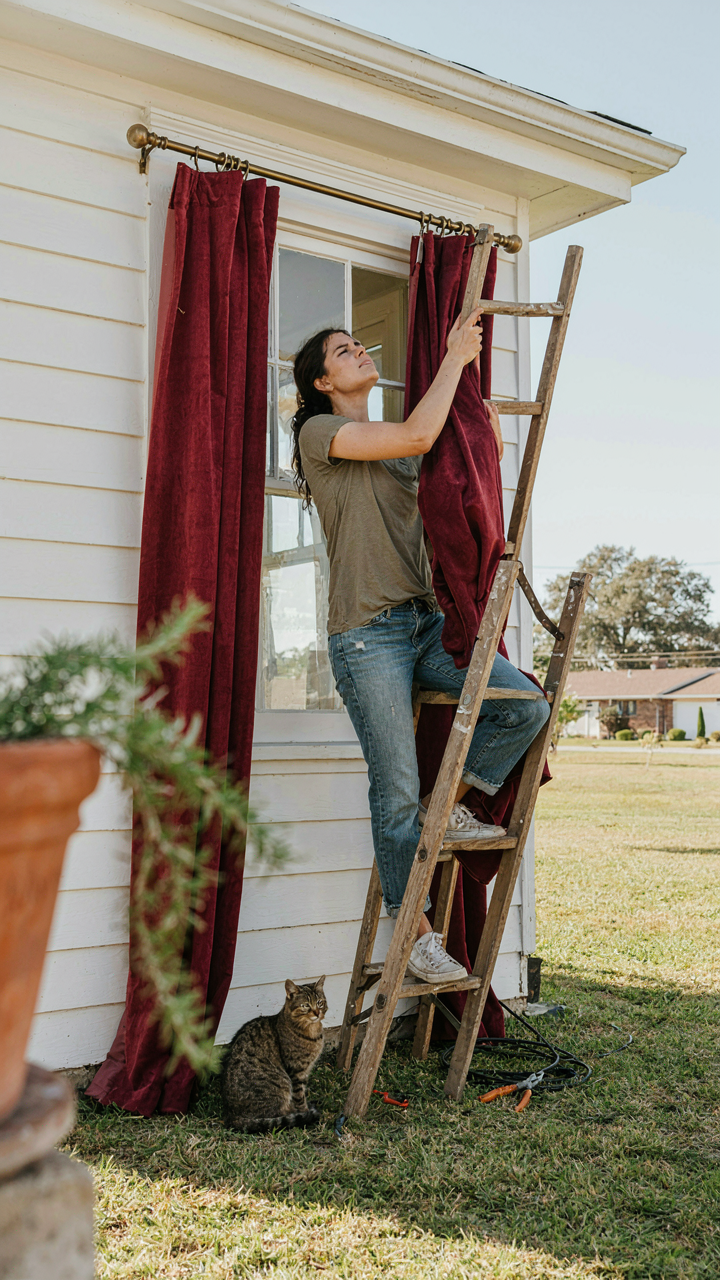 A person struggles to hang heavy outdoor curtains on a ladder.
