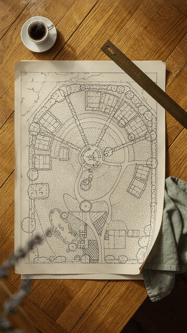 An aerial view of a garden architectural blueprint with detailed plans.