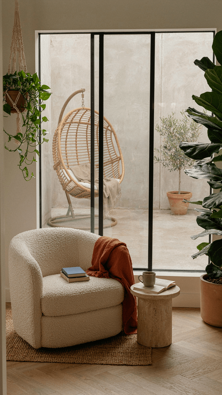 A well-decorated living room corner, with an outdoor patio egg chair seen through a window.