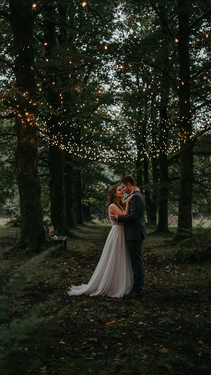A magical forest wedding scene at night with ethereal lights hanging from trees.