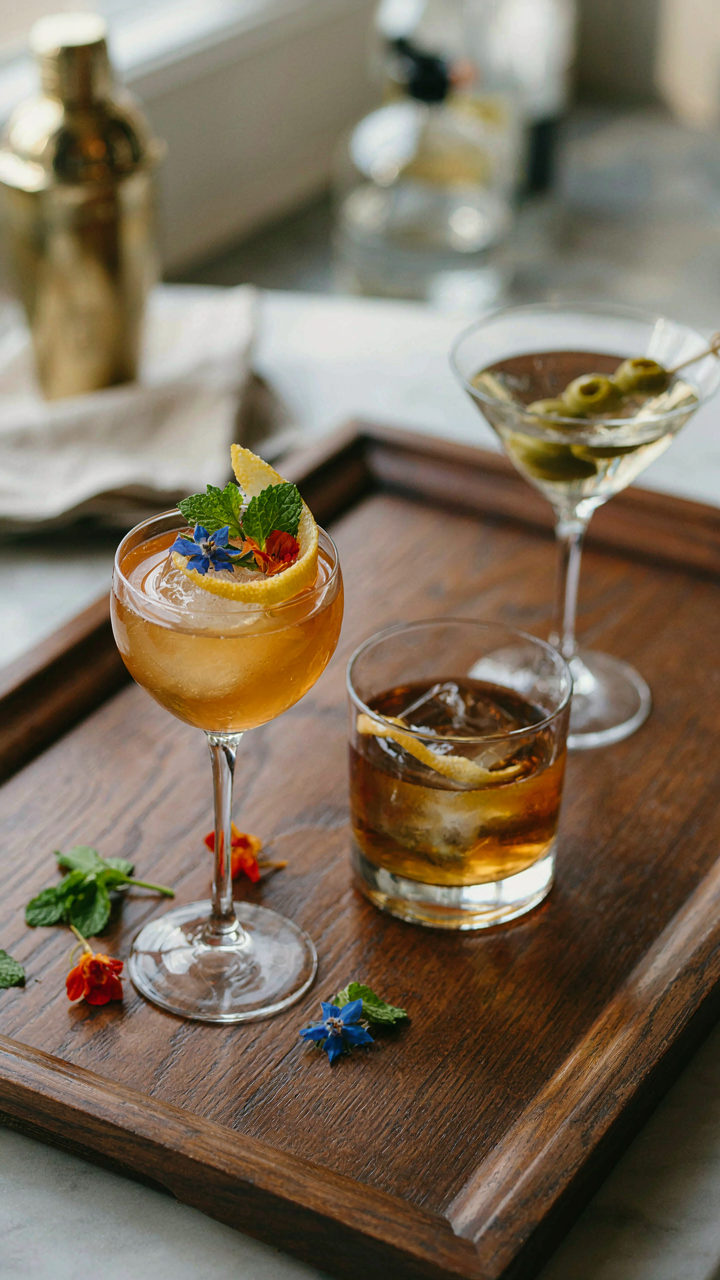 A meticulously garnished drink with a lemon peel, mint, and flowers sits on a wooden tray.