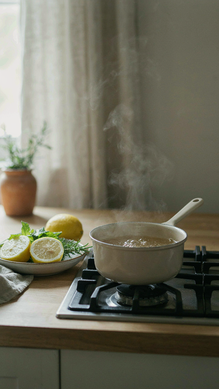 A pot of simple syrup simmers near fresh herbs and citrus.