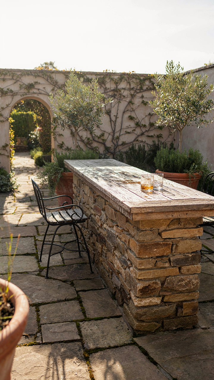 A sturdy outdoor bar made of stone and wood in a garden.