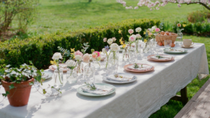 An inviting Easter backyard brunch table set for guests with spring flowers.