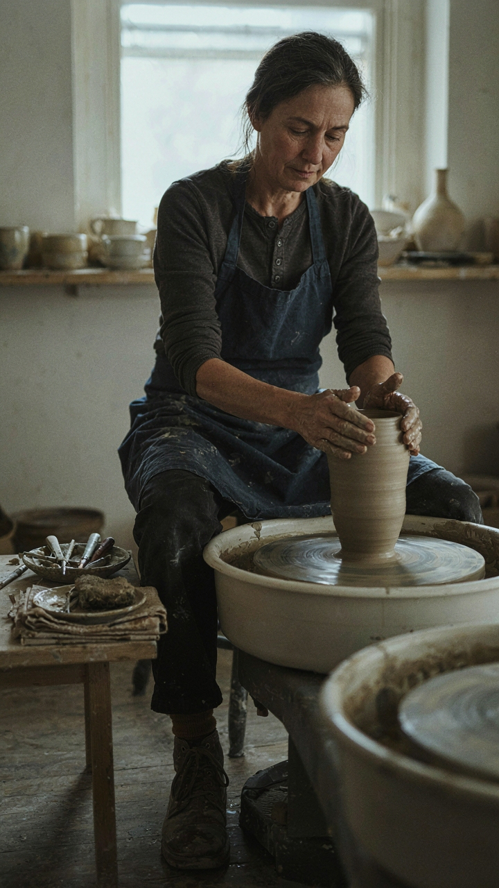 A focused potter skillfully shapes a clay pot on a pottery wheel.