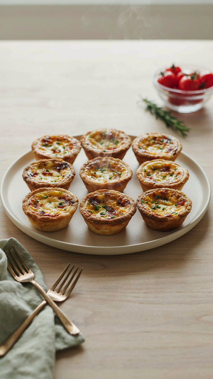 A close up of golden brown mini quiches on a serving platter.