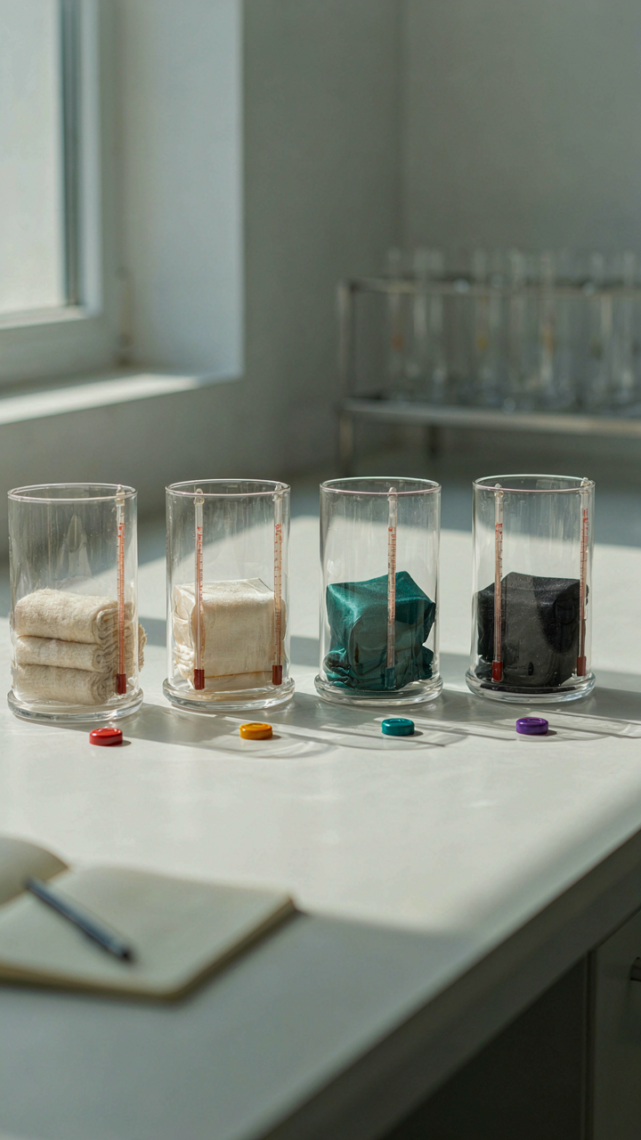 Different fabric swatches are in glass chambers, each with a thermometer showing temperatures.