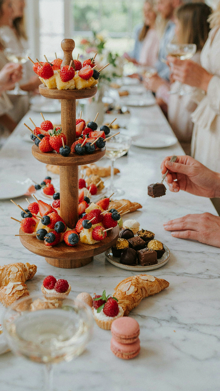 A sophisticated edible centerpiece with fruit, cheese, and pastries.