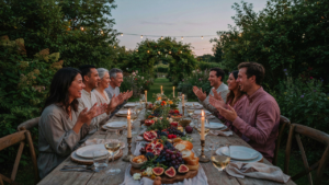 An outdoor dining table with an elaborate edible centerpiece at dusk.