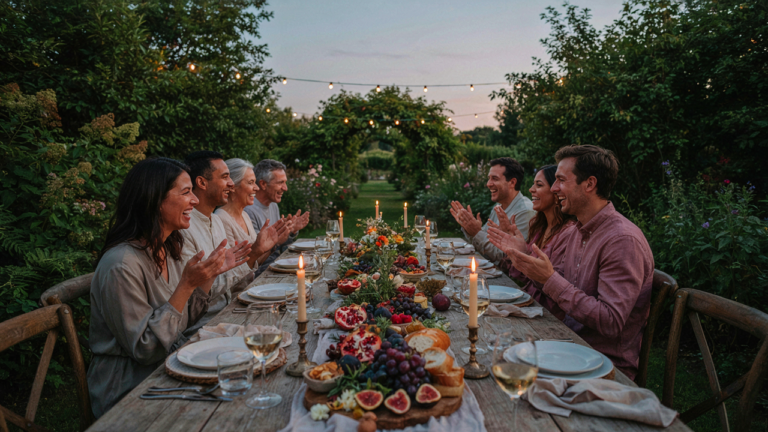 An outdoor dining table with an elaborate edible centerpiece at dusk.