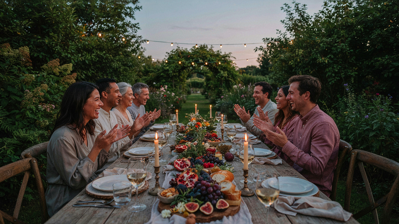 An outdoor dining table with an elaborate edible centerpiece at dusk.
