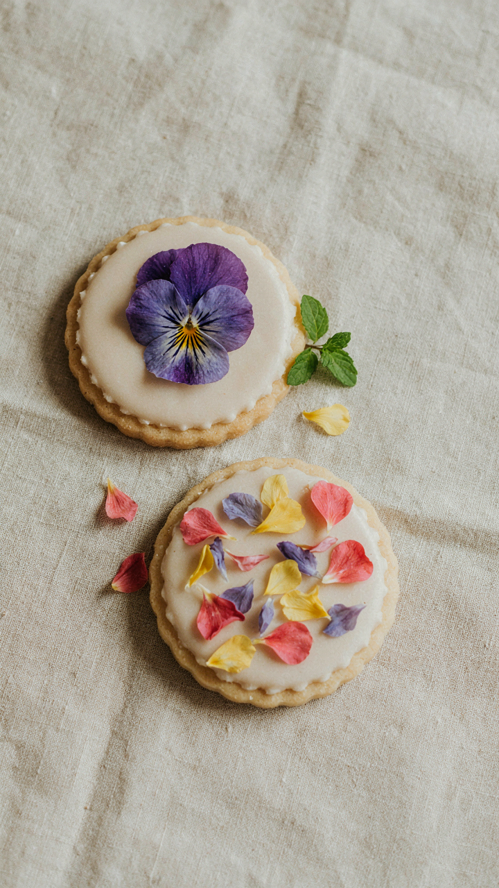 A cookie has one pansy on it, next to another cookie with many scattered petals.