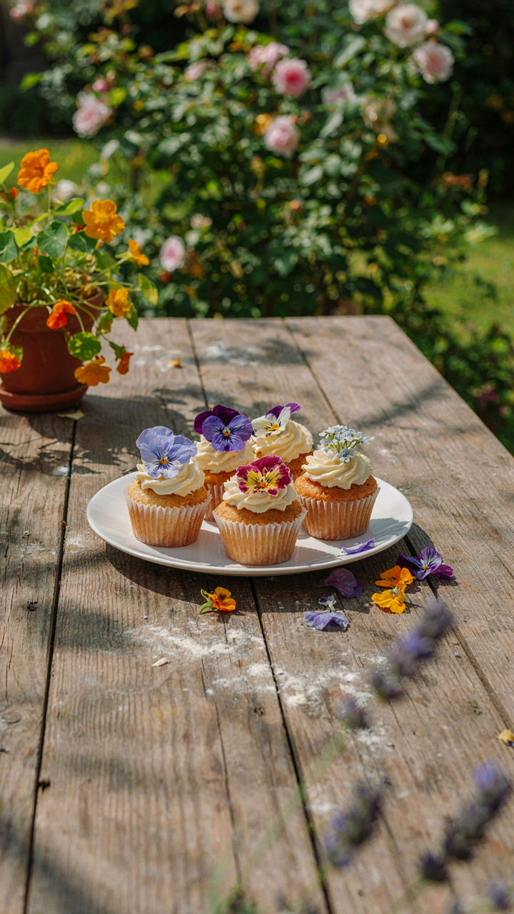 Cupcakes decorated with colorful edible flowers on a wooden table in a garden.