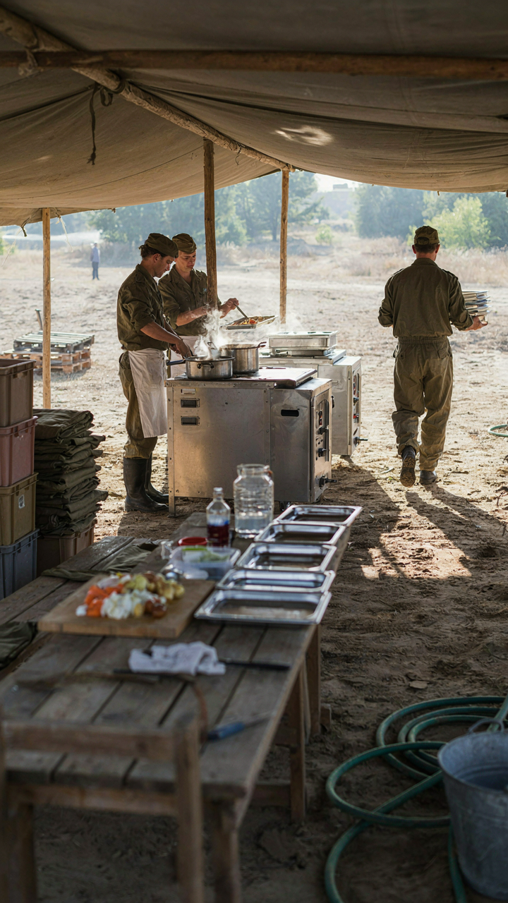 A military field kitchen operating outdoors, preparing food in portable units.