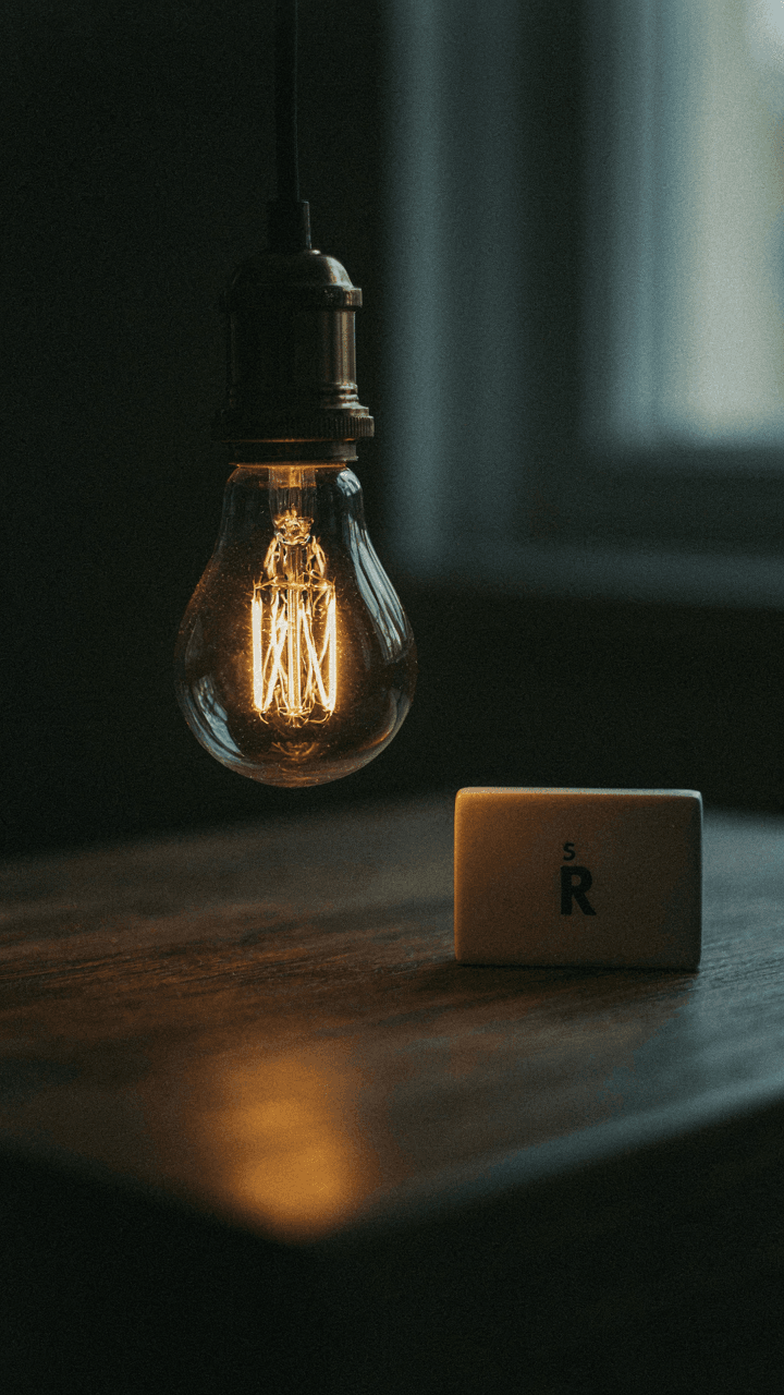 A glowing Edison bulb string light has a light output measurement nearby.