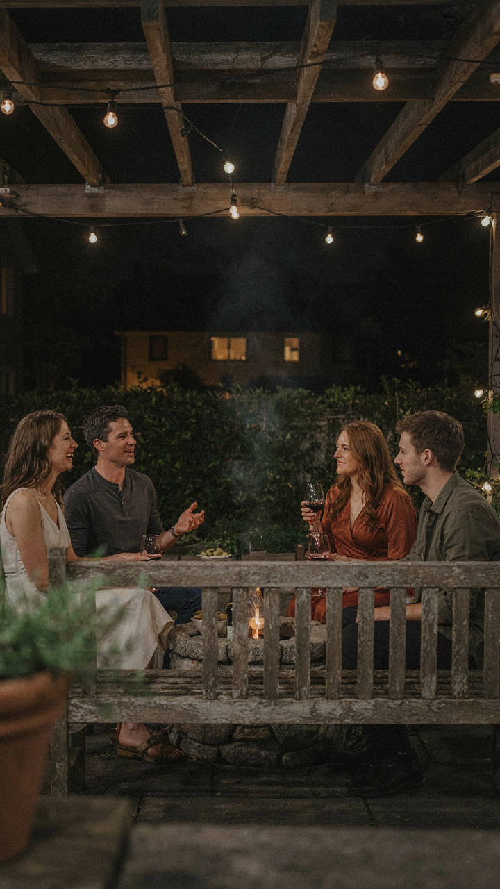 People relax under warm Edison string lights in a pergola seating area at night.