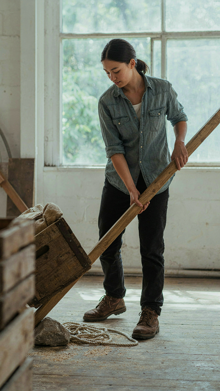 A person easily lifts a heavy box using a long lever.