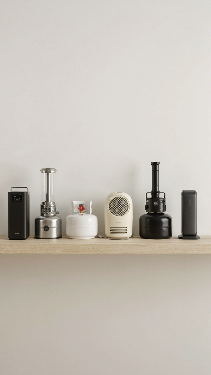 Various portable RV heaters, electric and propane, on a shelf.