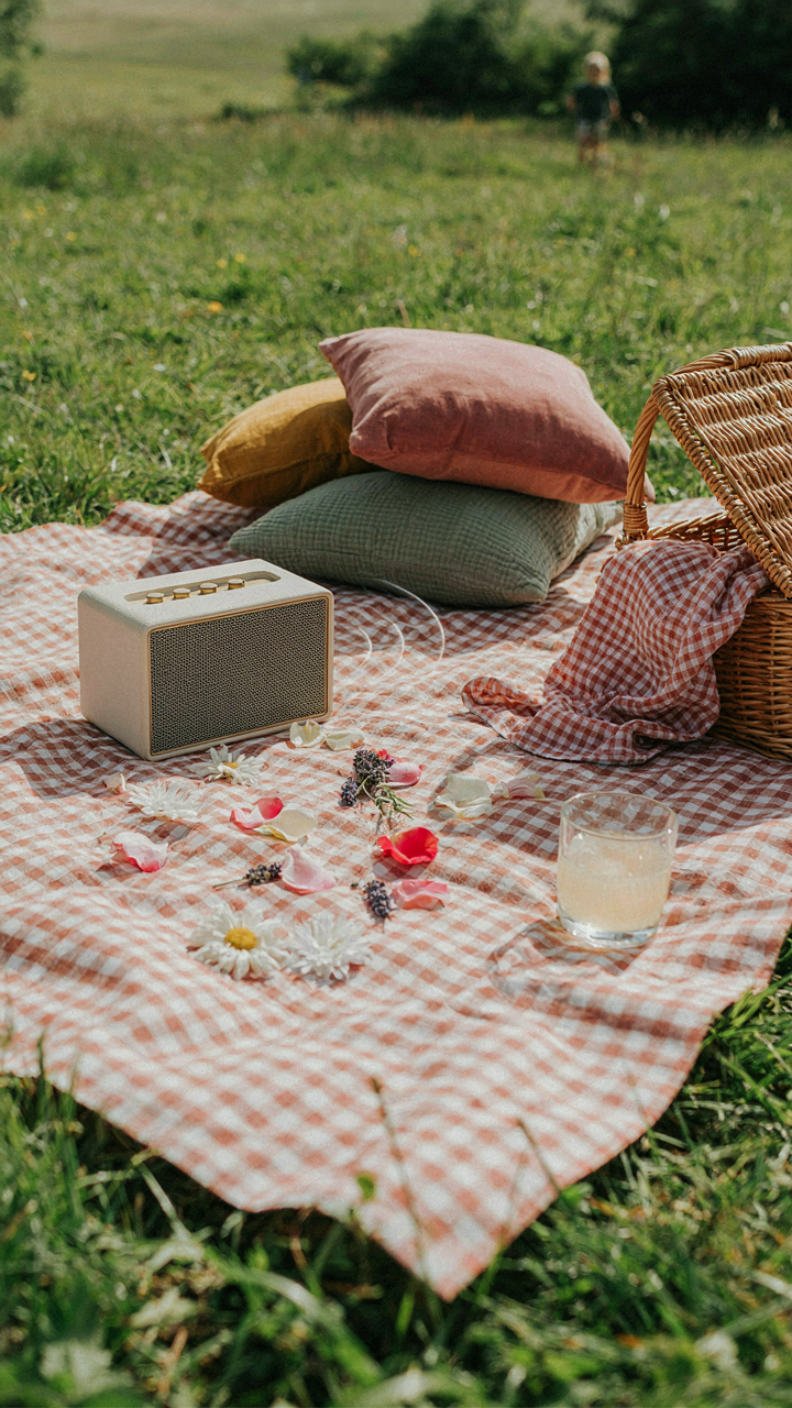 A vintage portable speaker sits among pillows and flower petals at a picnic.