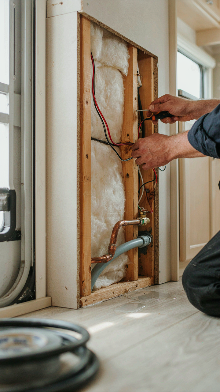 A technician installs electrical wires and plumbing inside an RV wall.