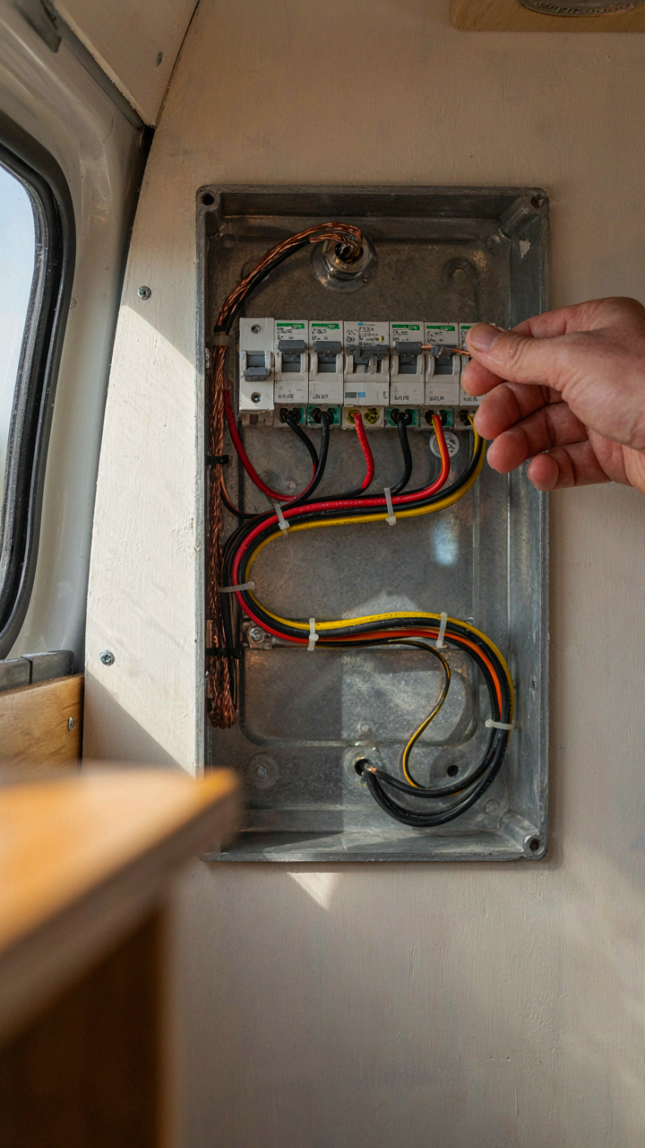 A hand checks a connection in a neatly organized camper van electrical panel.