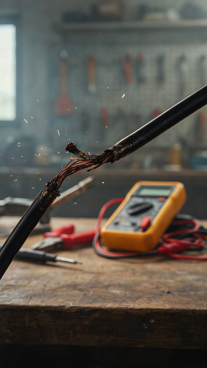 A melted and charred electrical wire from overheating.