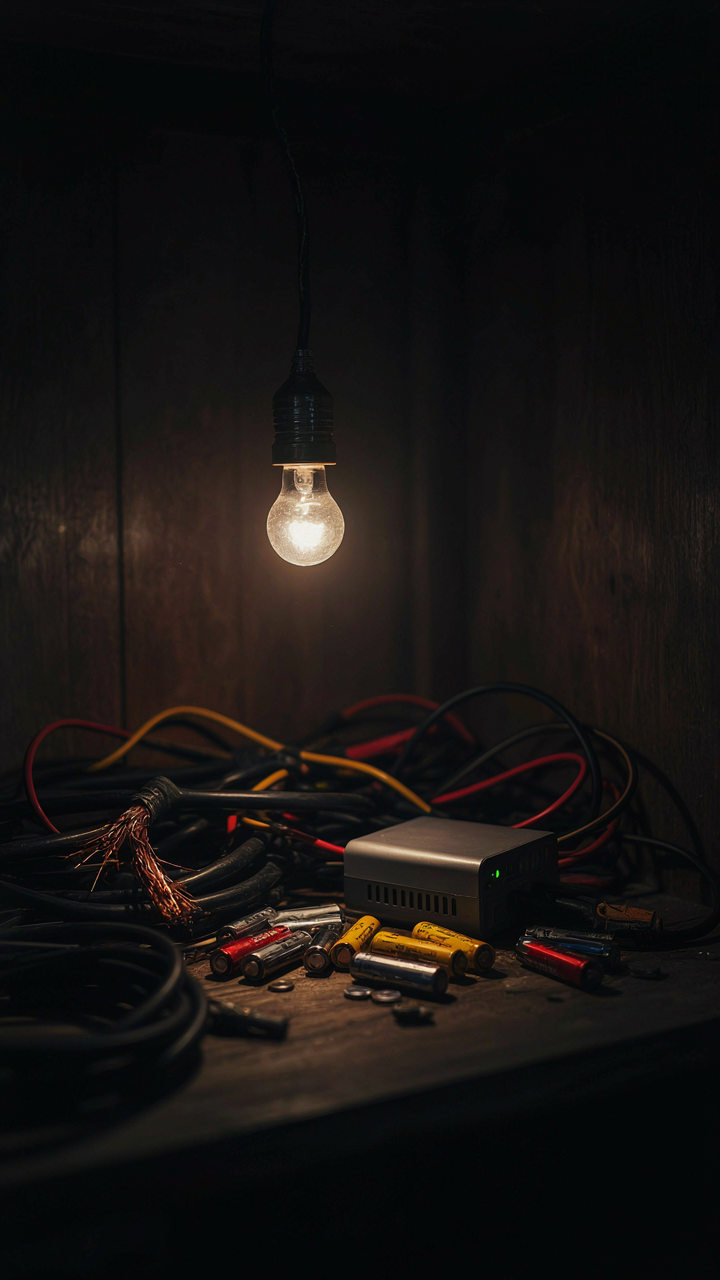 A tangled mess of electrical wires, batteries, and an inverter.