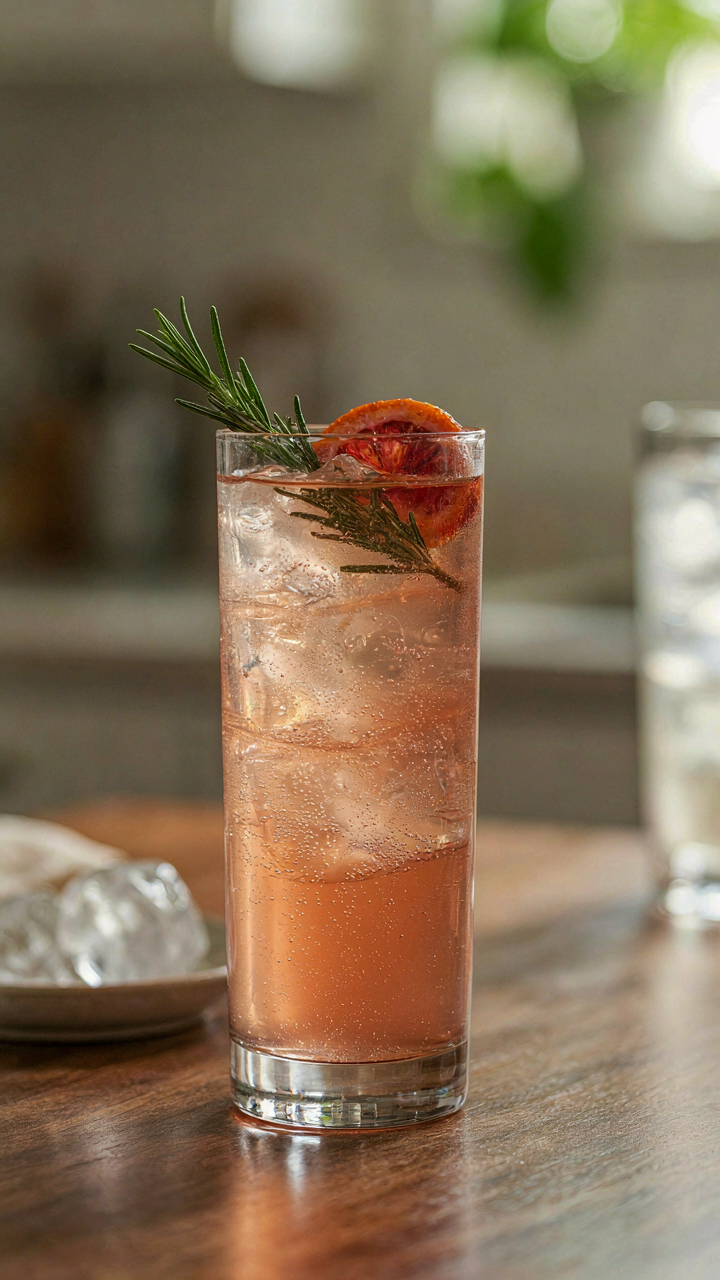 An elegant highball glass with a summer spritz mocktail, perfectly garnished.
