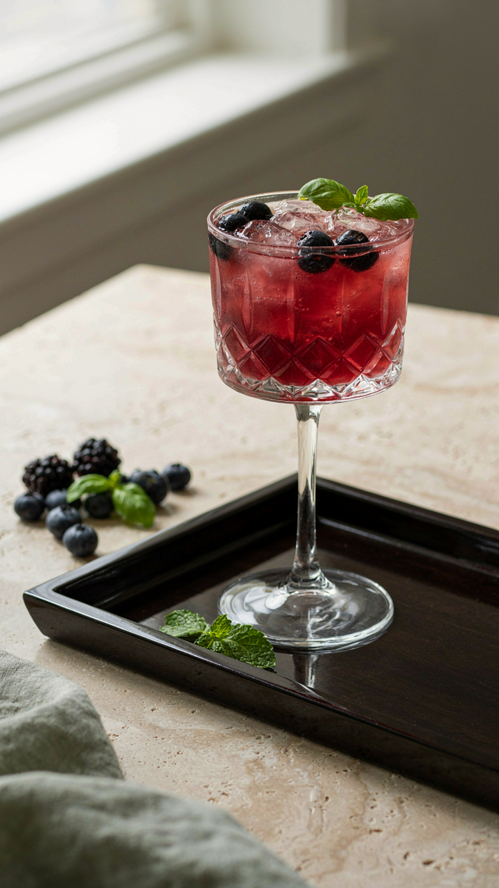 An elegant berry basil mocktail in a crystal glass on a luxurious tray.