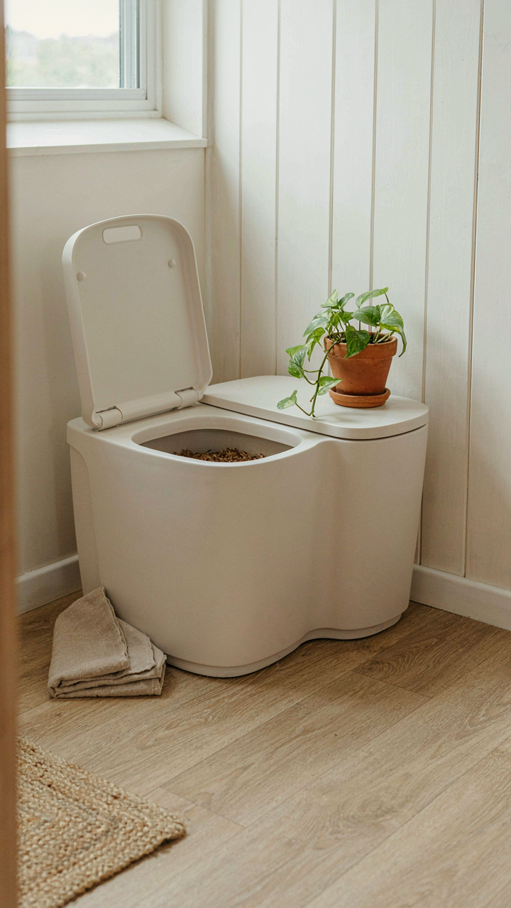 A clean, modern composting toilet with separate compartments inside a van life bathroom.