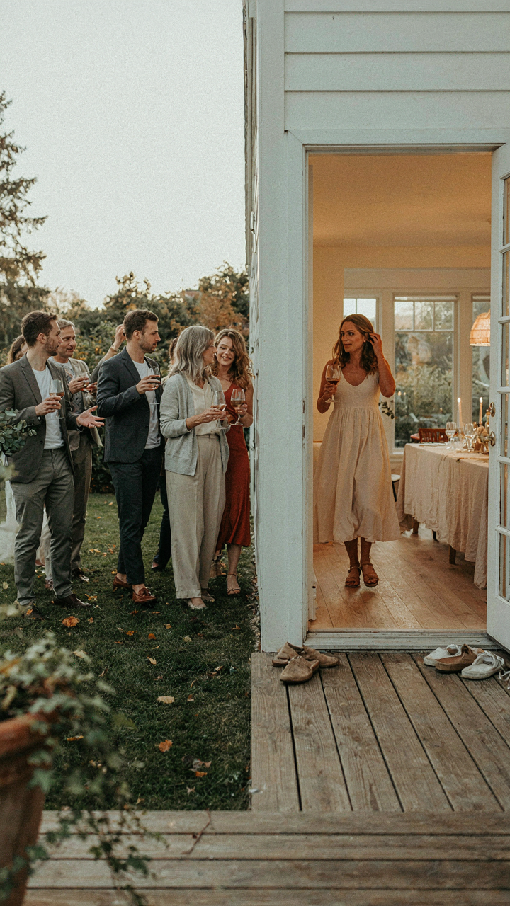 Guests calmly move from a rainy backyard into a decorated indoor space.