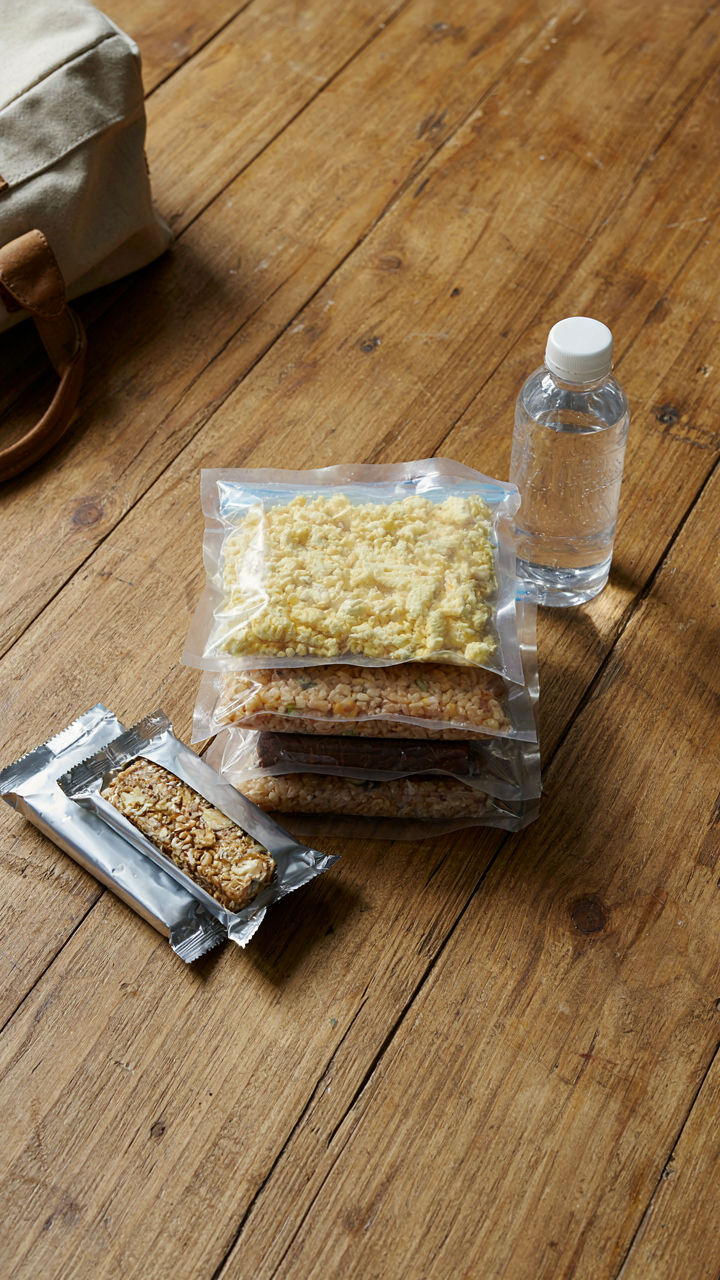 Emergency food rations are organized in waterproof bags.