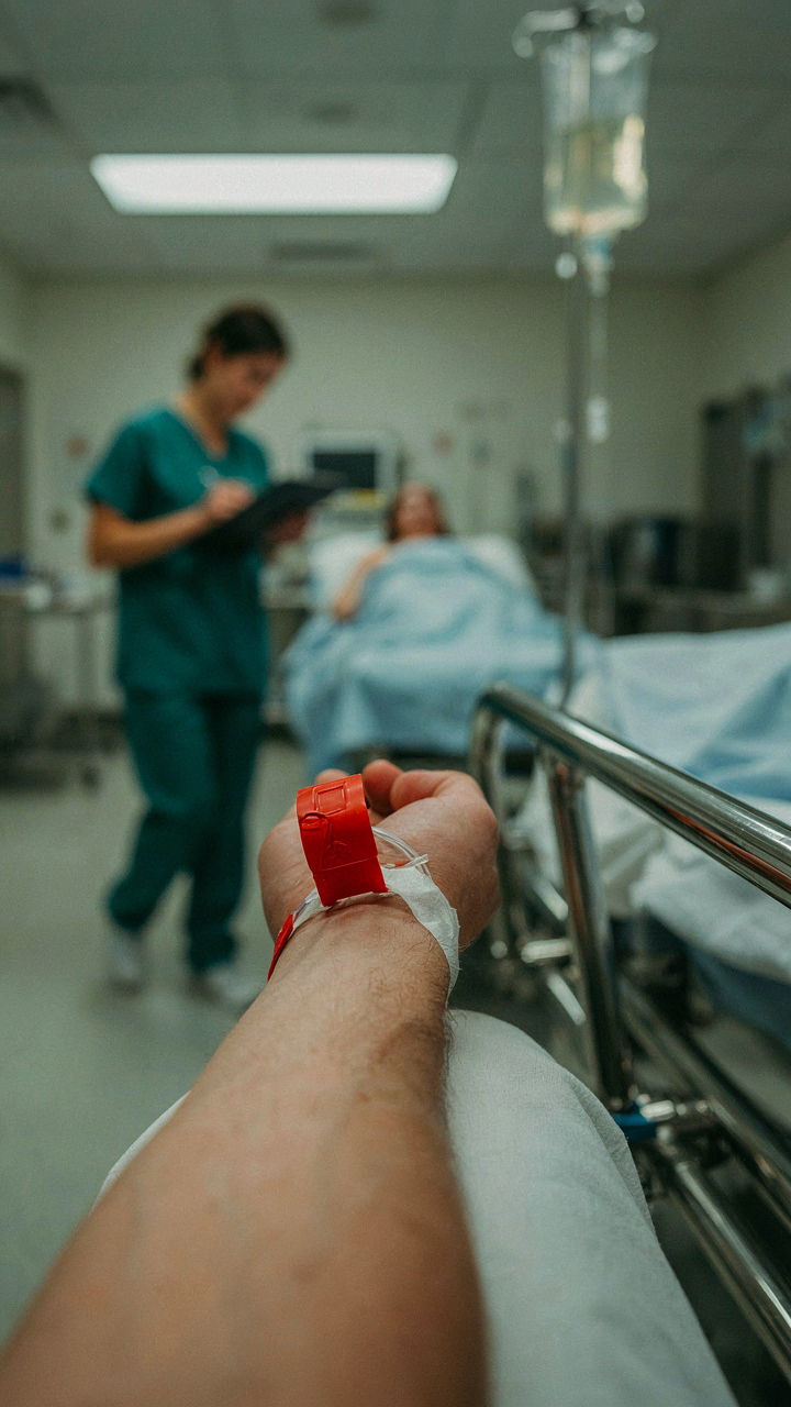 A medical triage tag is on a patient's arm.