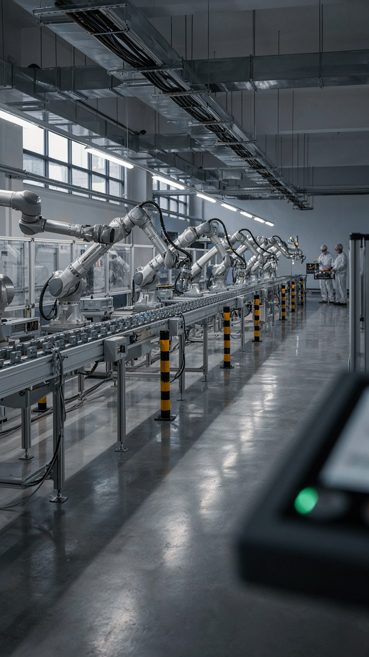 A clean, modern factory assembly line with parts moving smoothly.
