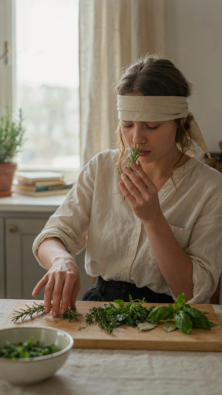 A blindfolded person uses their senses to identify herbs by smell and touch.