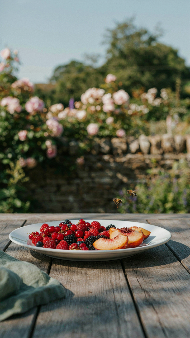 A platter of fresh berries and sliced peaches in an English garden.
