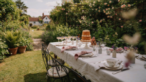 An elegant outdoor english garden party with a floral dessert table.