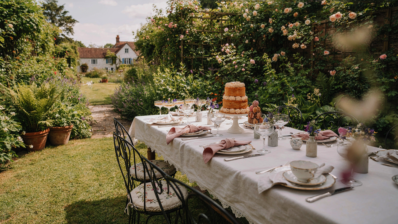 An elegant outdoor english garden party with a floral dessert table.