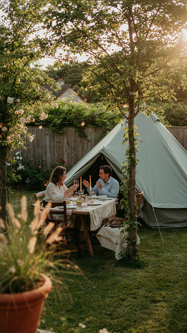 A backyard tent party blends well with the garden, adorned with vines.