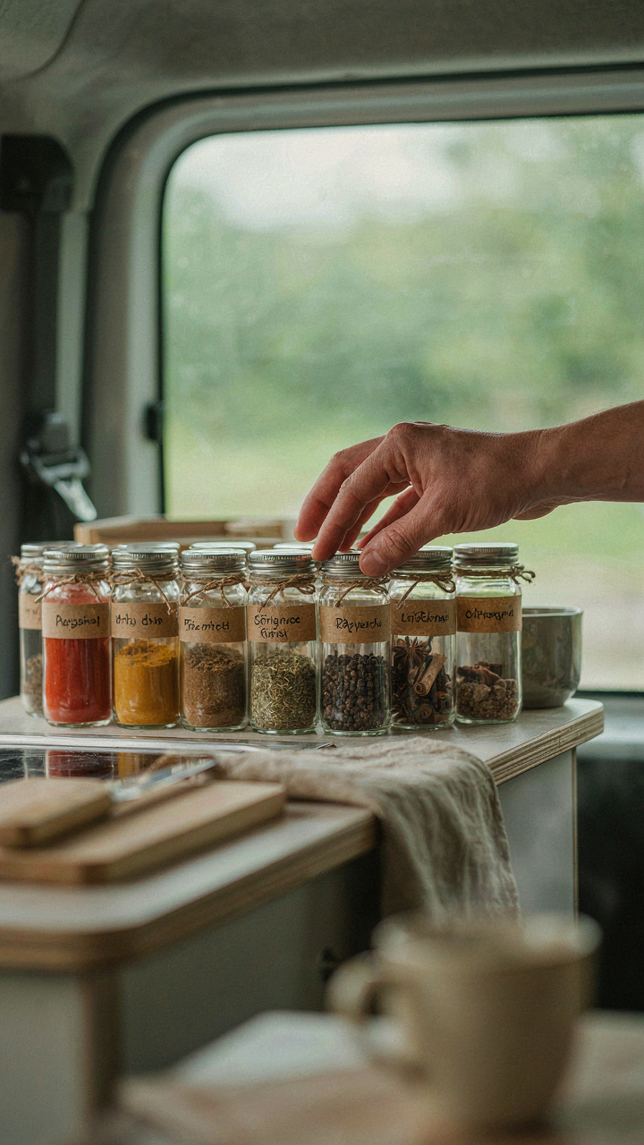 A hand easily reaches a spice jar from a well-designed shelf in a van kitchen.