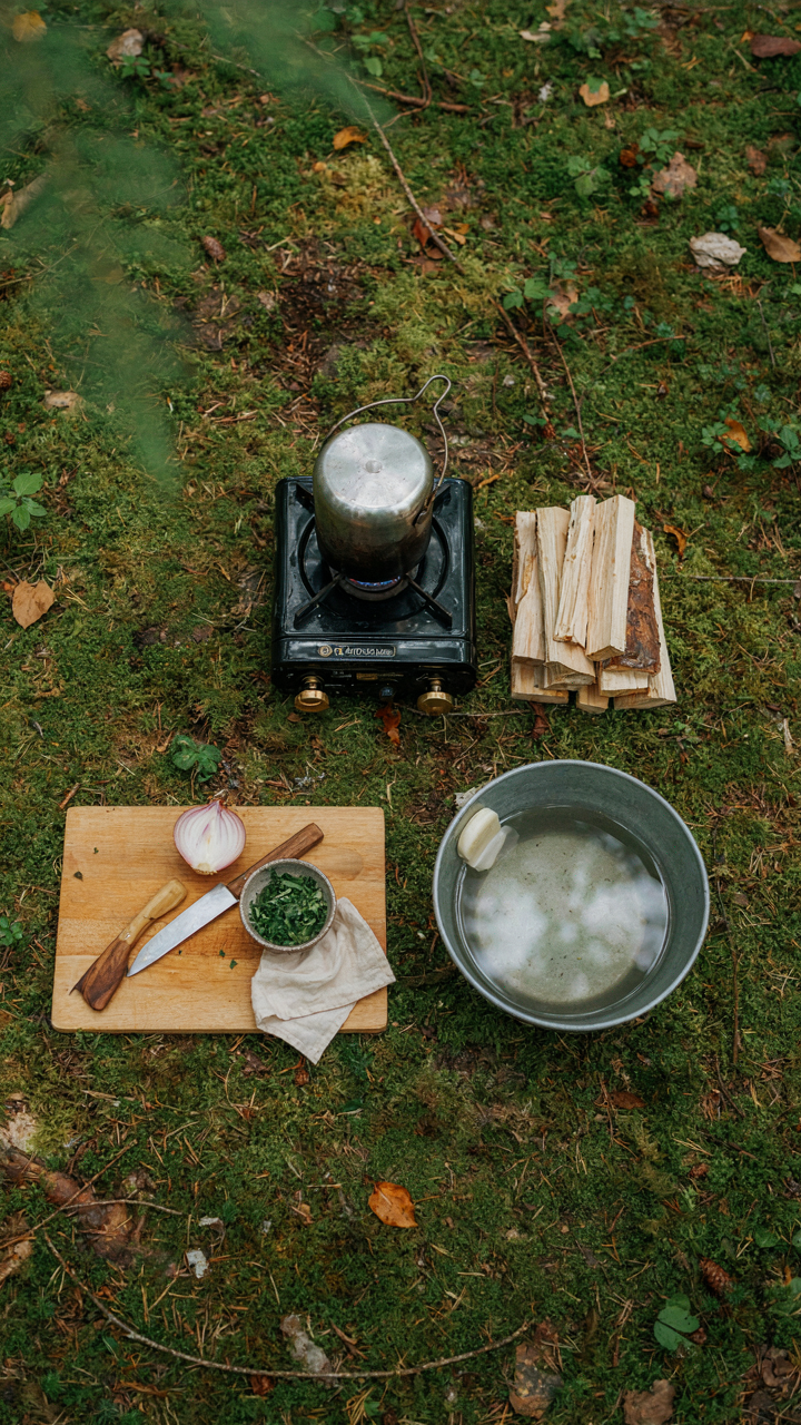 An overhead view shows an efficient, triangular campsite cooking station layout.
