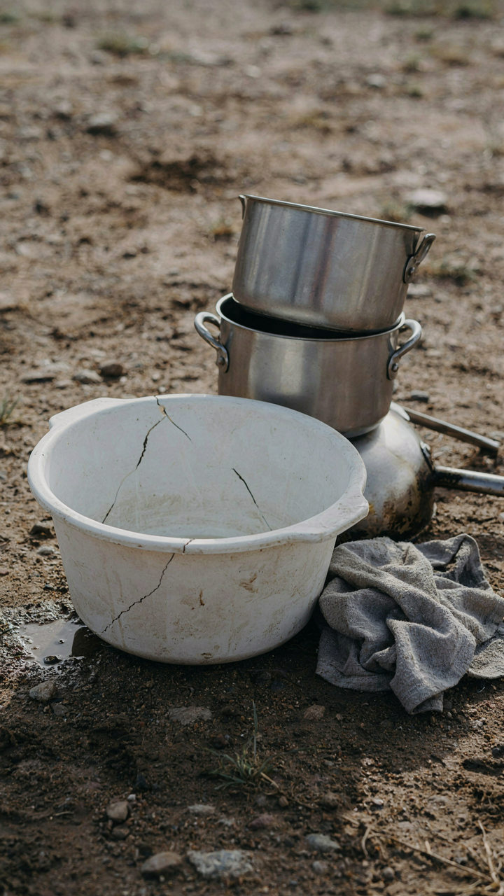 A broken plastic wash basin sits next to durable stainless steel cookware.