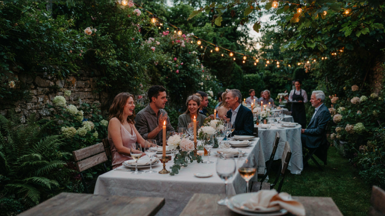 An outdoor evening garden party lit by warm string lights over a long dining table.