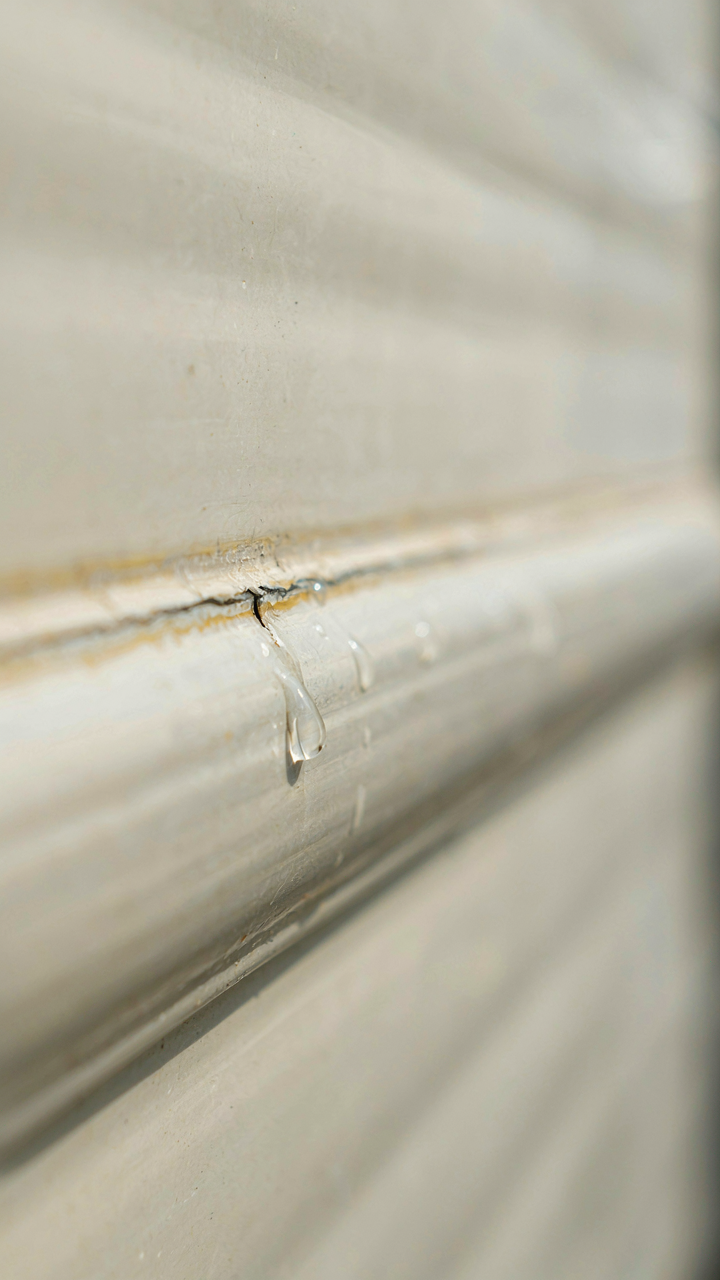 A single drop of water seeps through a gap in RV sealant.