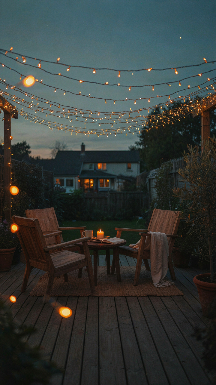 Fairy string lights create a warm glow over a cozy deck seating area.